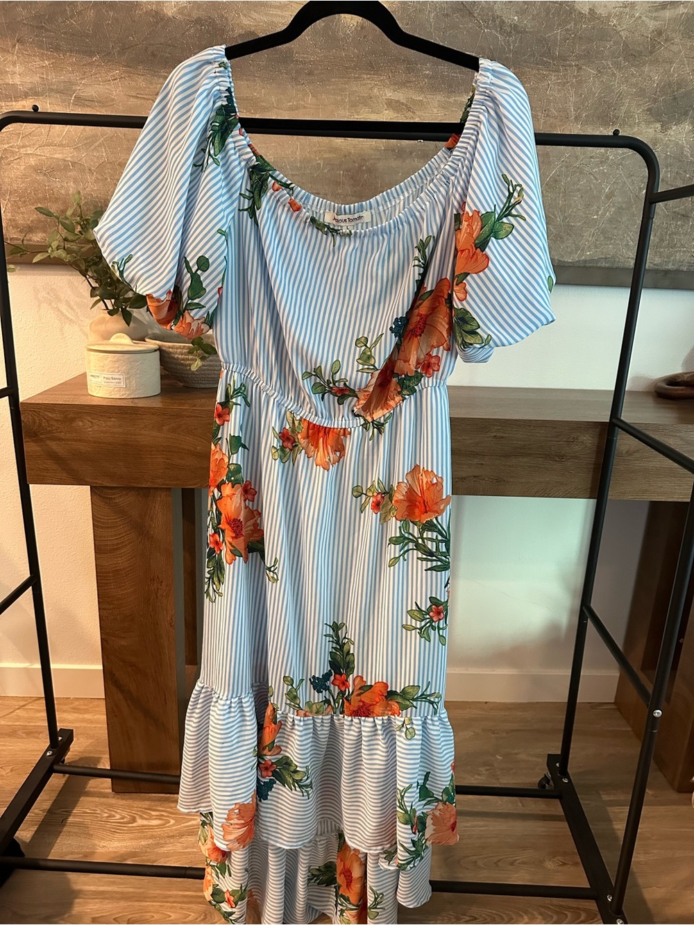 Jealous Tomato Light Blue & White Striped Floral Midi Dress